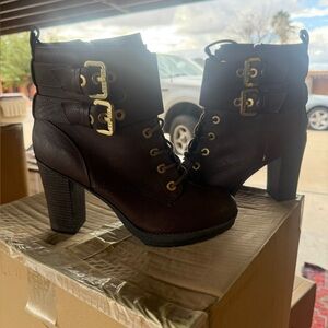 Guess Dark Brown Heeled Boots with Gold Accents